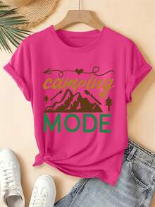Women's Plus Size Casual-Shirt With Outdoor Camping Bonfire Camping MODE Print, Suitable Spring, Summer, And Autumn, Round Neck, Short Sleeve, - 黑色 - 查看 7