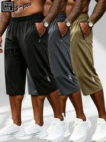 3 piezas Pantalones cortos de verano de 3/4 de largo para hombre talla grande, pantalones casuales con cintura elástica y cordón, pantalones deportivos con bolsillo con cremallera, adecuados para correr y fitness - Multicolor - Ver 3