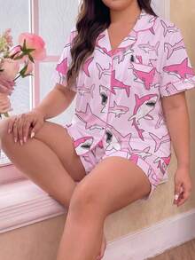 2pcs Women's Pajama Set, Shark Print, Women's Loungewear, Autumn/Winter Holiday Outfit, Long Sleeve Lapel Top And Pants, Can Be Worn Out - Pink - View 2