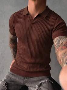 Men's Classic Ribbed Knit Polo Short Sleeve Shirt, Solid Color, Suitable For Summer Outings, Fashion Essential - Brown - View 5