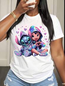 Disney Stitch And Lilo Rainbow Heart Print T Shirt Women Casual Summer Fashion Cute Cartoon Design For Daily Wear And Outings - 白色 - 查看 1