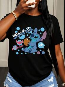 Disney Stitch And Lilo Print T Shirt Women Casual Summer Wear Cartoon Style - 黑色 - 查看 1
