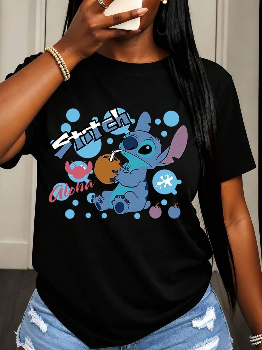 Disney Stitch And Lilo Print T Shirt Women Casual Summer Wear Cartoon Style - 黑色 - 查看 1