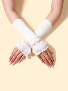 1 Pair Women's Solid Color Knitted Arm Warmers With Layered Ruffle Lace Trim, Elegant Layered Long Fingerless Gloves, Suitable For Daily And Party Wear - Multicolor - View 5