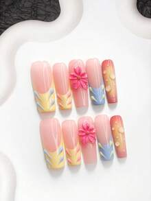 10pcs/Set Sweet Floral Handmade Press-On Nails, Polymer Nail Tips, 5-Petal Flower Design, Yellow & Blue Color Scheme, Summer Fresh Style, Includes Manicure Tools, 3 Sizes Available, Almond, Duck, Coffin Shape, Suitable For Party, Dance, Daily Wear - Multicolor - View 14