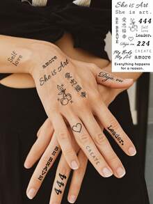 女性勵志文字臨時紋身貼紙，極簡手指與手部紋身貼花，含字母、數字、符號與美學金句 - 黑色 - 查看 4