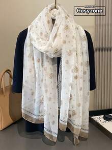 1pc Women's Simple Elegant Camellia Pattern Printed Chiffon Scarf, Suitable For Outdoor Activities, Casual Entertainment, Outerwear Sun Protection And Decorative Soft Gauze Shawl, Ideal Choice For Your Styling - Beige - View 1
