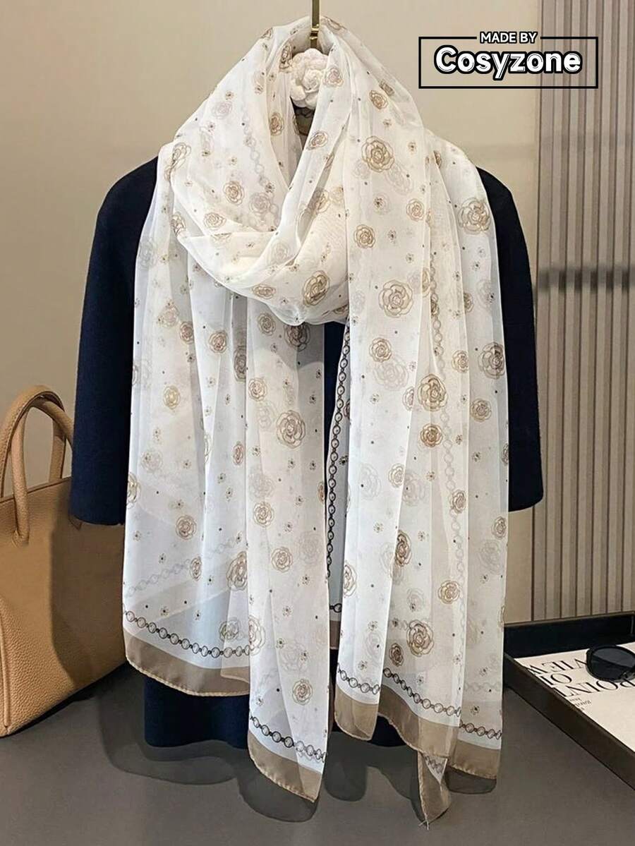 1pc Women's Simple Elegant Camellia Pattern Printed Chiffon Scarf, Suitable For Outdoor Activities, Casual Entertainment, Outerwear Sun Protection And Decorative Soft Gauze Shawl, Ideal Choice For Your Styling - Beige - View 1