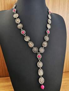 1pc Western Cowboy Style Pink Turquoise Long Necklace, Vintage Distressed Y-Shaped Sweater Chain, Unique Niche Accessory - Necklace - View 7