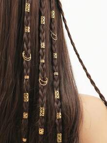 80 pièces Ensemble d'accessoires pour dreadlocks dorés mélangés, anneaux de bijoux en métal pour tresses & manchons creux, décorations de cheveux tressés gothiques Y2K pour femmes, fête de plage d'été - Doré - Voir 3