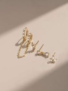 5pcs/Set Gold Zirconia Cartilage Stud Earrings Set, Multiple Piercing Rhinestone Chain Earrings, Luxury Layered Ear Jewelry - Yellow Gold - View 5