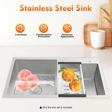 Stainless Steel Kitchen Sink Double Bowl Kitchen Sink With Drain Basket - Silver - View 6