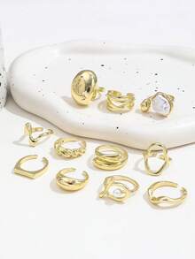 11pcs French Baroque Faux Pearl Layered Rings, Gold Lava Line Geometric Ring Set For Women - Gold - View 4