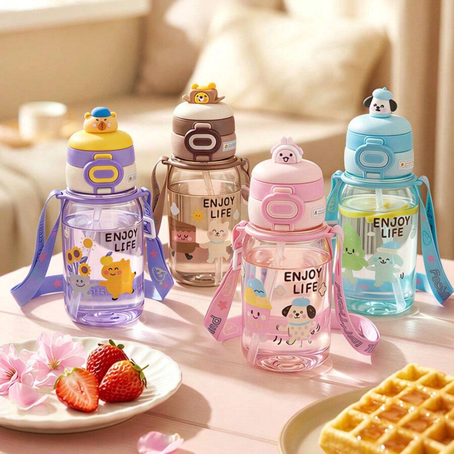 New Children's Plastic Cup Cartoon Large Capacity With Strap Dual-Drinking Outdoor Portable Student Water Bottle