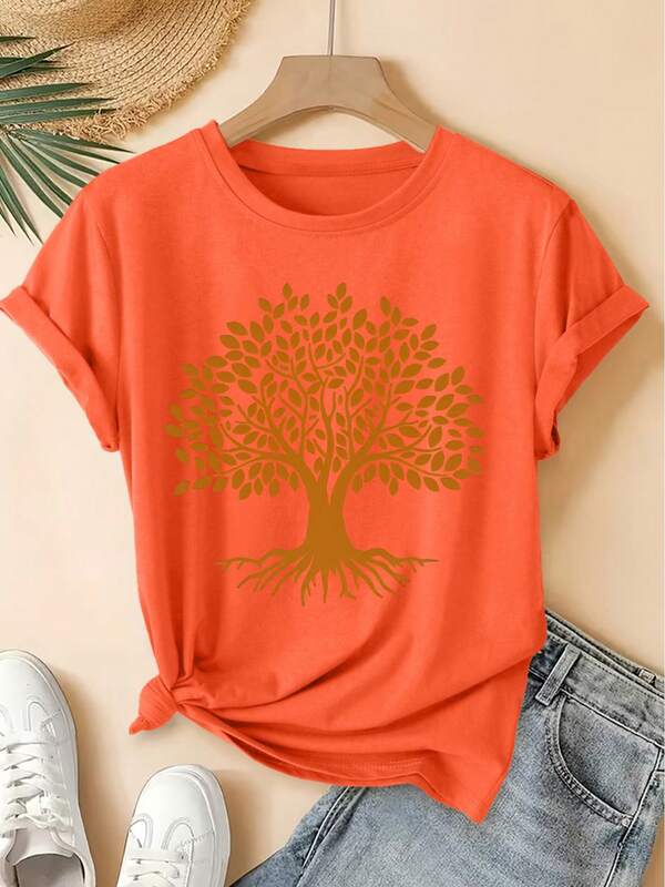2026 Spring/Summer New Women'S Round Neck Brown Tree Of Life Print Short Sleeve T-Shirt, Vintage Distressed Style Casual Athletic Top, Soft Fabric Hig