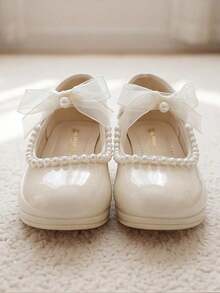 Best Seller - 3-12 Years Old Girls Light White High Heels, Glossy Pearl Trim, Mesh Bow, Gentle And Exquisite Style - Beige - View 4