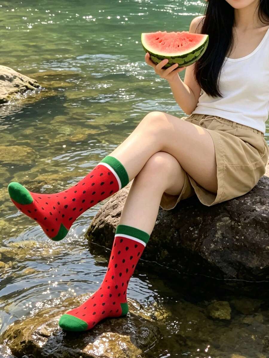 1雙中性西瓜圖案中筒襪,柔軟舒適時尚,適合夏季日常戶外使用,女款中筒襪 - 彩色 - 查看 1
