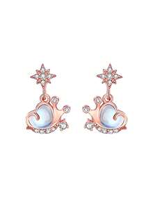 1pc S925 Sterling Silver Rose Gold Crown Heart Stud Earrings With Moonstone And Zirconia Octagonal Star Pendant, Sweet Women's Jewelry - Rose Gold - View 3