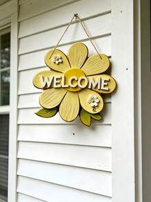 1 pieza Letrero de bienvenida floral de madera con grabado "BIENVENIDO", adecuado para varias ocasiones, fácil de colgar, el diseño asimétrico crea una atmósfera cálida de primavera - Multicolor - Ver 9