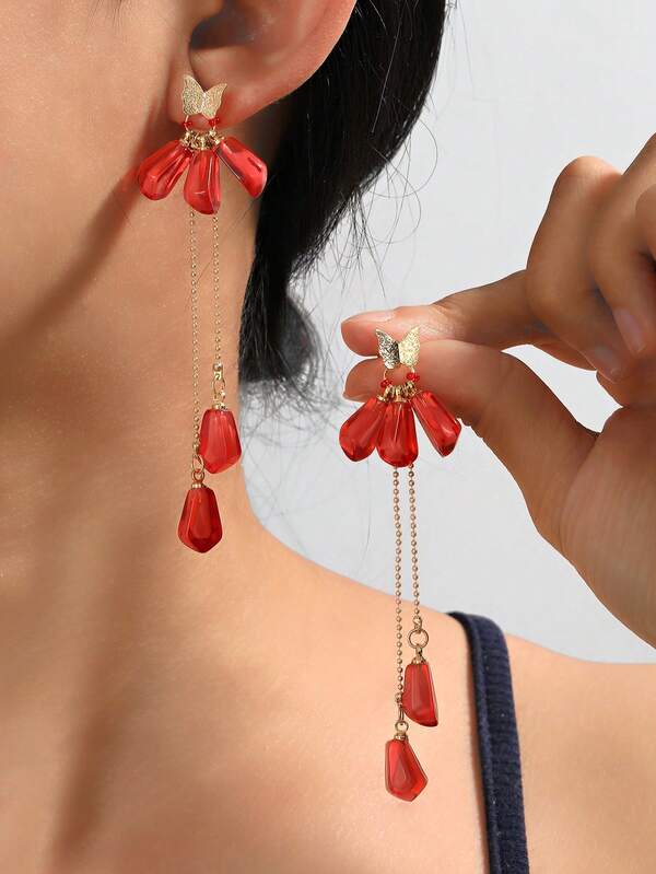 1 paar nieuwe Chinese stijl vintage feestelijke vlinder rode granaatappelpit knopoorbellen, modieuze veelzijdige Ins-stijl premium oorsieraden voor dames