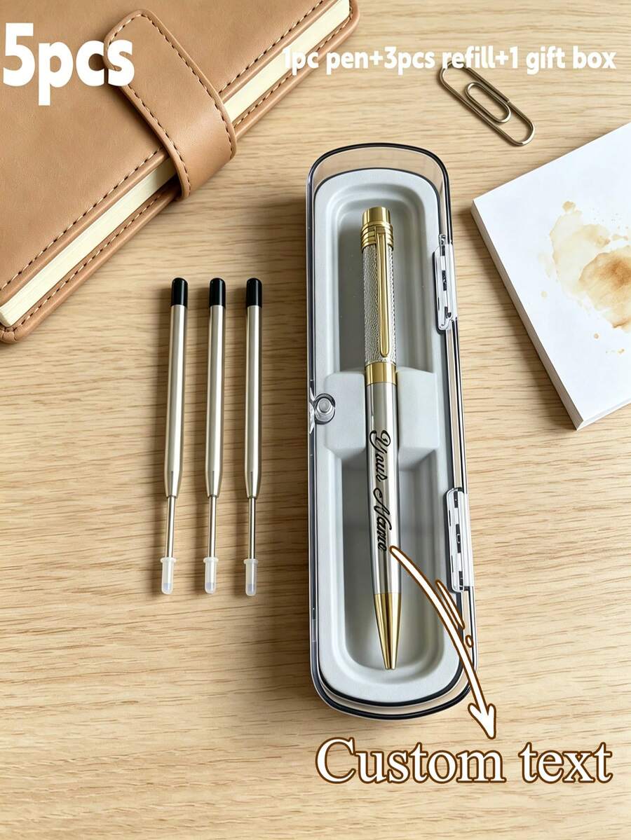 [Customized Product]1 Pen + 3 Refills + 1 Gift Box, Premium Stationery Gift: Customized Low-Key Luxury Metal Ballpoint Pen, Personalized Engraving, Smooth Writing, Office Essential - Sets - View 1