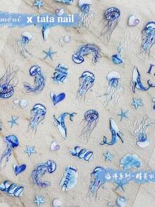 1pc Blue Embossed Jellyfish Ocean Nail Art Stickers, Self-Adhesive Marine Creature Whale Nail Decals, DIY Nail Art Supplies, Nail Appliques - Baby Blue - View 1