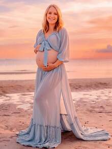 Adjustable Chiffon 2 Pieces Maternity Dress, Blue Vacation - Blue - View 5