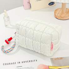 Quilted Toiletry Bag In Macaron Tones, With Woven Handle. Foldable, Spacious, Durable Polyester. - 紅色 - 查看 6