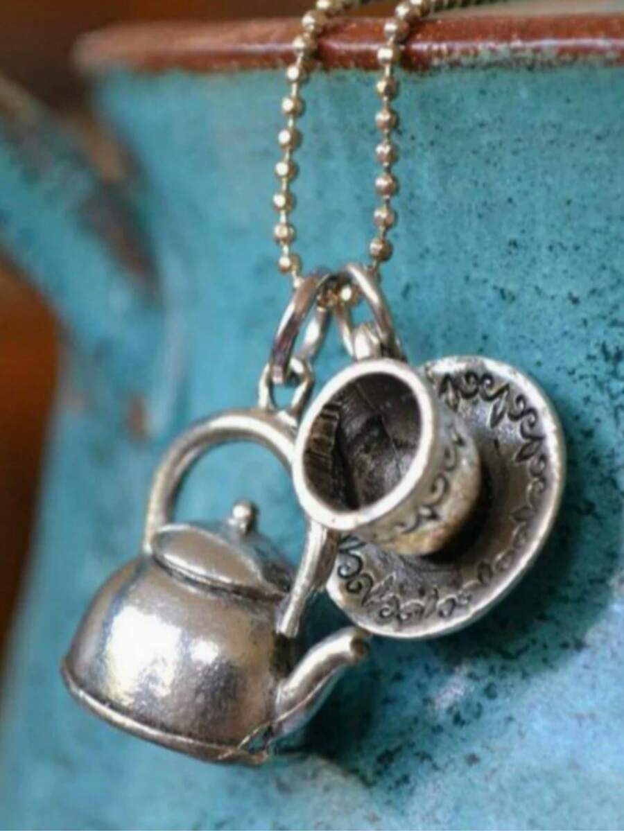 1pc Vintage Alloy Jewelry Accessory, Teapot & Coffee Cup Pendant Necklace Charm For Kids - one-size - View 1