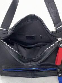Ladies' Large Capacity Black Shoulder Bag, Sports Style Mesh Splicing Tote Bag, Contrasting Zipper Details - Black - View 11