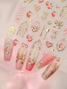5D Embossed Summer Strawberry Coquette Nail Stickers, Gold Foil Angel Frame & Heart Bow Self-Adhesive Nail Decals, Victorian Sweet Aesthetic DIY Manicure Decoration For Home Salon Nail Art & Press On Nails Accessories 1 Sheet - Pink - View 5
