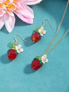 Set Kalung dan Anting Liontin Bunga Stroberi 3pcs/Set, Hadiah Liburan untuk Teman dan Sahabat Terbaik - Gaya 14 - View 3