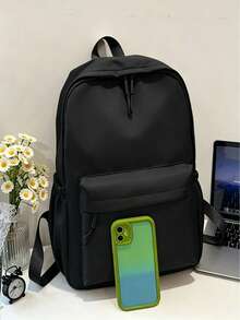 Balo đeo vai thường ngày phong cách tối giản màu đen trơn, chất liệu nylon nhẹ, nhiều ngăn, túi đi học cho học sinh, unisex, phù hợp sử dụng hàng ngày - màu đen - Xem 7