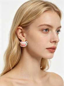 1 Pair Cartoon Cute Personalized 3D Strawberry Teapot Earrings, Exaggerated Quirky Exquisite Versatile Minimalist High-End Stud Earrings, Suitable For Girls' Dates, Vacations, Parties, Daily Commute Outfit Accessories - Multicolor - View 2