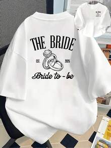 Camiseta de manga corta con estampado frontal y trasero - para futuras novias, anillos de boda - una camiseta estampada elegante para mujeres en primavera y verano, ¡tu mejor elección! - Blanco - Ver 1