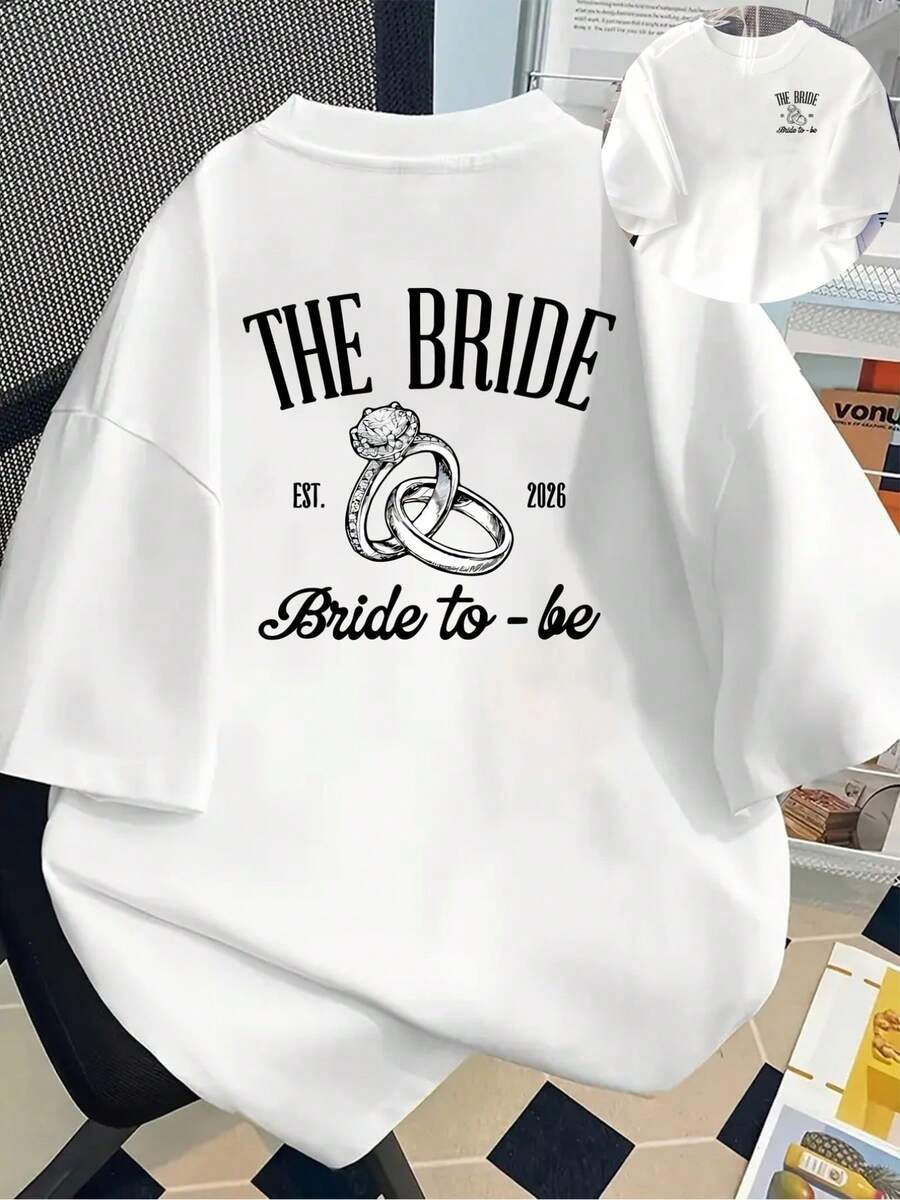 Camiseta de manga corta con estampado frontal y trasero - para futuras novias, anillos de boda - una camiseta estampada elegante para mujeres en primavera y verano, ¡tu mejor elección! - Blanco - Ver 1