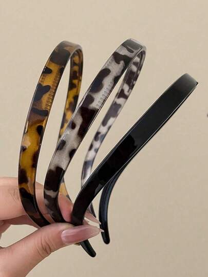 3pcs/1pc Women's Headband 14.17 Inch Circumference Brown, Grey, Black Glossy Leopard Print Elastic Headband, Minimalist Solid Color Design, Fashionable Versatile, Elegant Quality Hair Accessory, Suitable For Daily Wear, Casual Occasions, Party Events, Commuting, Vacation, Hair Styling, Makeup Styling, Outfit Matching And Women's Head Accessories