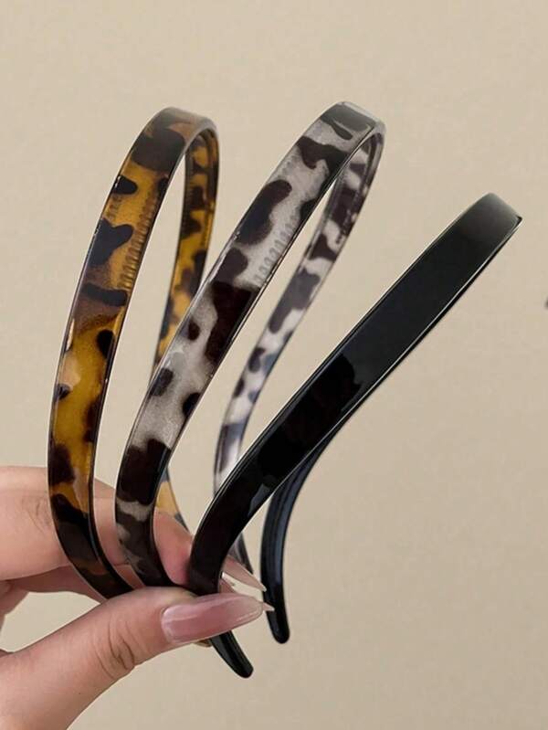 3pcs/1pc Women's Headband 14.17 Inch Circumference Brown, Grey, Black Glossy Leopard Print Elastic Headband, Minimalist Solid Color Design, Fashionable Versatile, Elegant Quality Hair Accessory, Suitable For Daily Wear, Casual Occasions, Party Events, Commuting, Vacation, Hair Styling, Makeup Styling, Outfit Matching And Women's Head Accessories