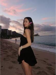 Women's Vacation Beach Sexy Solid Color Backless Halter Mini Dress Party Elegant Black Summer - Black - View 2
