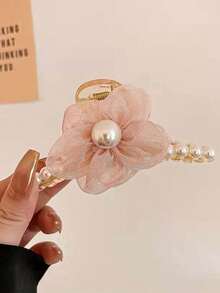 1pc Women's Pearl Flower Hair Claw - Pink - View 2