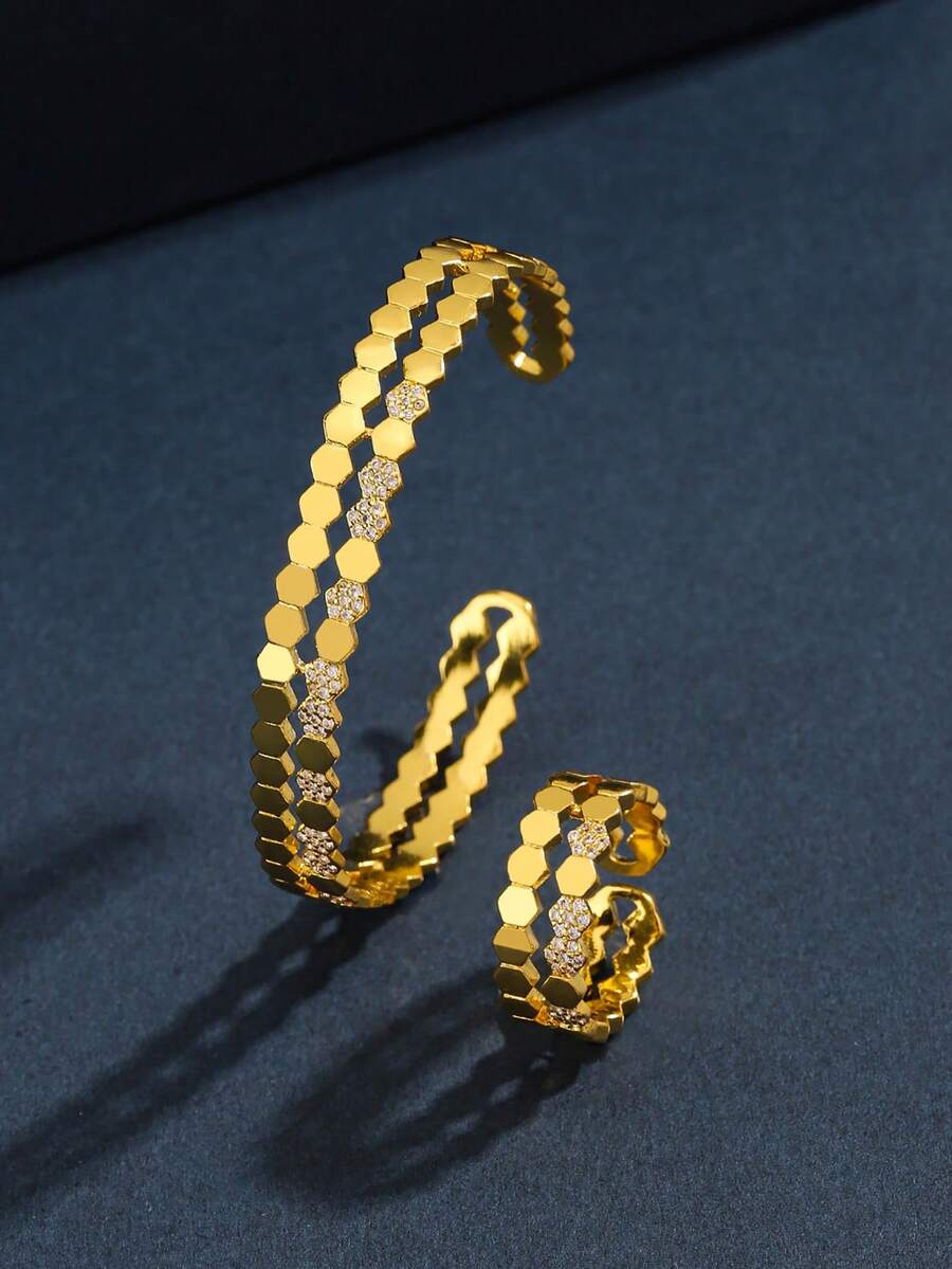 Set de brazalete y anillo estriado de tono dual enchapado con circonia cúbica, estilo retro, adecuado para uso diario