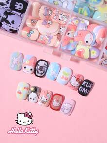 Sanrio Hello Kitty 288片/組（12款混搭設計）短方型法式穿戴式假指甲，可愛3D Hello Kitty、Kuromi、Cinnamoroll、Pompompurin圖案設計，完美貼合壓克力假指甲套組，適合女孩日常與派對美甲 - 彩色 - 查看 4
