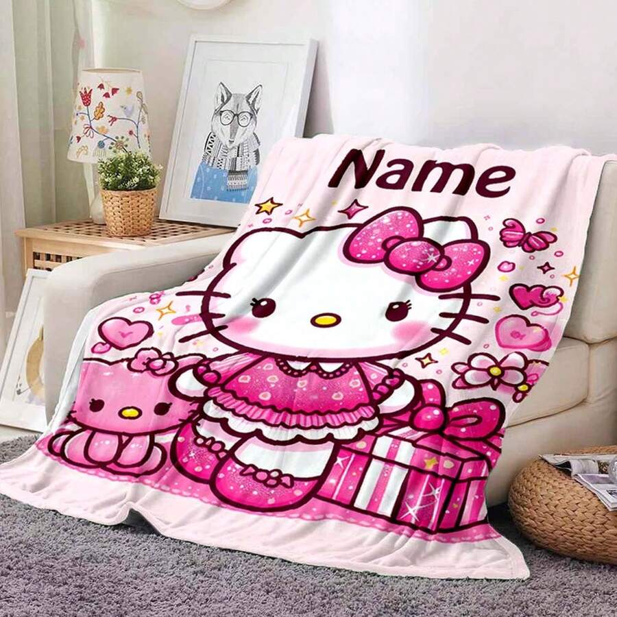 SANRIO 1 buah Selimut Bertema Hello Kitty - Nama yang Dapat Disesuaikan, Warna Utama Pink dengan Hati dan Teks Hello Kitty, Gaya Lucu dan Manis - Lembut dan Nyaman, Cocok untuk Sofa, Tempat Tidur, Tidur Siang di Kantor - Selimut Nyaman Sepanjang Musim, Hadiah Rumah, Hadiah Ulang Tahun, Hadiah Natal, Hadiah yang Dipersonalisasi.