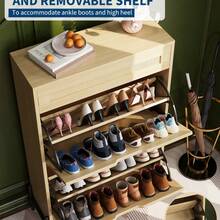 Slim Wooden Shoe Cabinet For Entryway  Rattan & Linen Panels,Adjustable Shelves - Wood Color - View 2