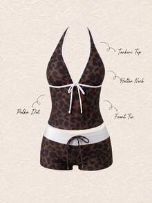 Set Bikini Model Halter Neck Motif Leopard, Polka Dot, Warna Blok, dan Polka Dot Terbaru untuk Musim Panas, Cocok untuk Liburan Pantai dan Pakaian Kasual. - MultiWarna - View 2
