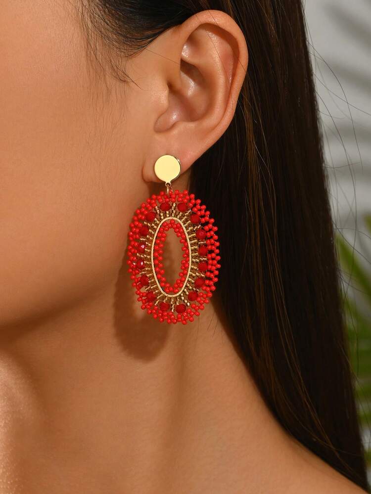 1 Pair Fashion Retro Personalized Handmade Beaded Hollow Red Geometric Oval Earrings, Premium Design Geometric Oval Circle Handmade Woven Earrings Suitable For Women's Daily, Vacation, Party Wear (Purely Handmade Woven Seed Beads Color Position Random) - Red - View 2