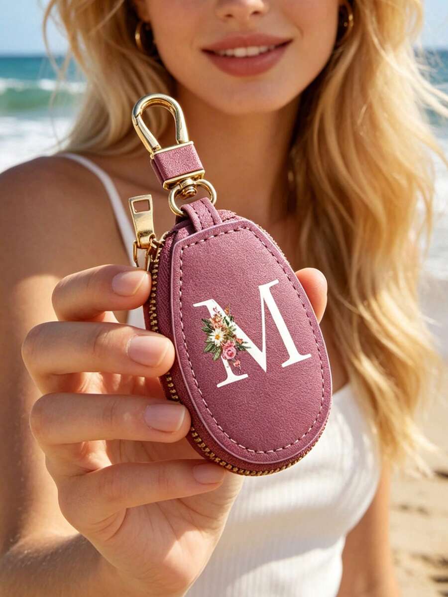 Unisex Multifunctional Key Pouch, Decorated With Fashionable Pink Flower And White 26 Letters A-Z Pattern, Zipper Keyring, Flower Pattern Design, PU Faux Leather Material, Zipper Storage Bag, Car Key Storage Pouch, Car Key Chain, Compact And Portable Key Pouch, Simple Design, Travel Accessory, Elegant Accessory, Suitable For Home, Office, Travel, Car, Unisex, Perfect Gift For Friends, Family, Couples, Anniversary, Birthday, Wedding, Graduation And Teacher's Day