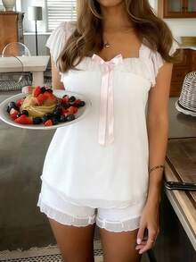 Square Neck Bow Ruffle 2 Piece Sleep Set For Women, Mesh Layer Trim Cami Top  Short, Coquette Soft Lightweight Loungewear Night Wear - White - View 2