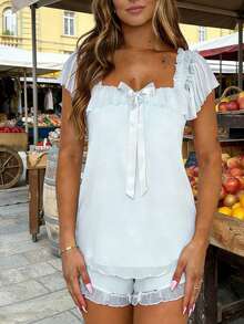Square Neck Bow Ruffle 2 Piece Sleep Set For Women, Mesh Layer Trim Cami Top  Short, Coquette Soft Lightweight Loungewear Night Wear - Light Blue - View 3