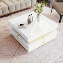 High-Gloss Coffee Table / Modern Coffee Table / MDF Living Room Table / Side Table With Drawers And Gold Accents / With Two Drawers / Easy To Clean And Assemble - White - View 7